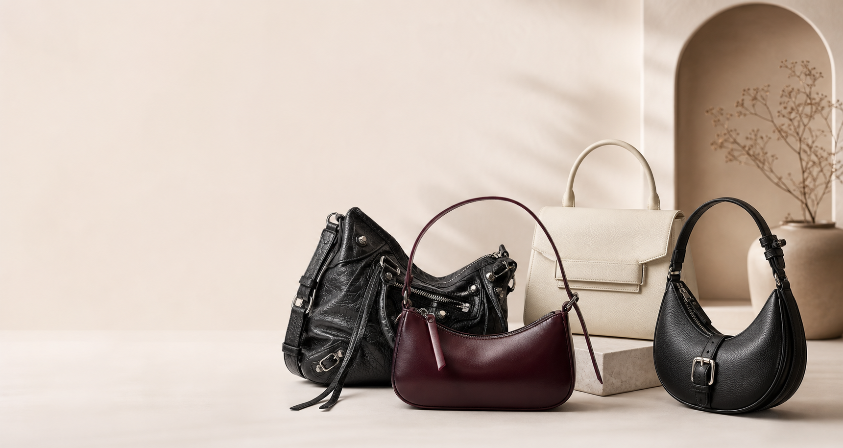 Editorial arrangement of fictional luxury handbags